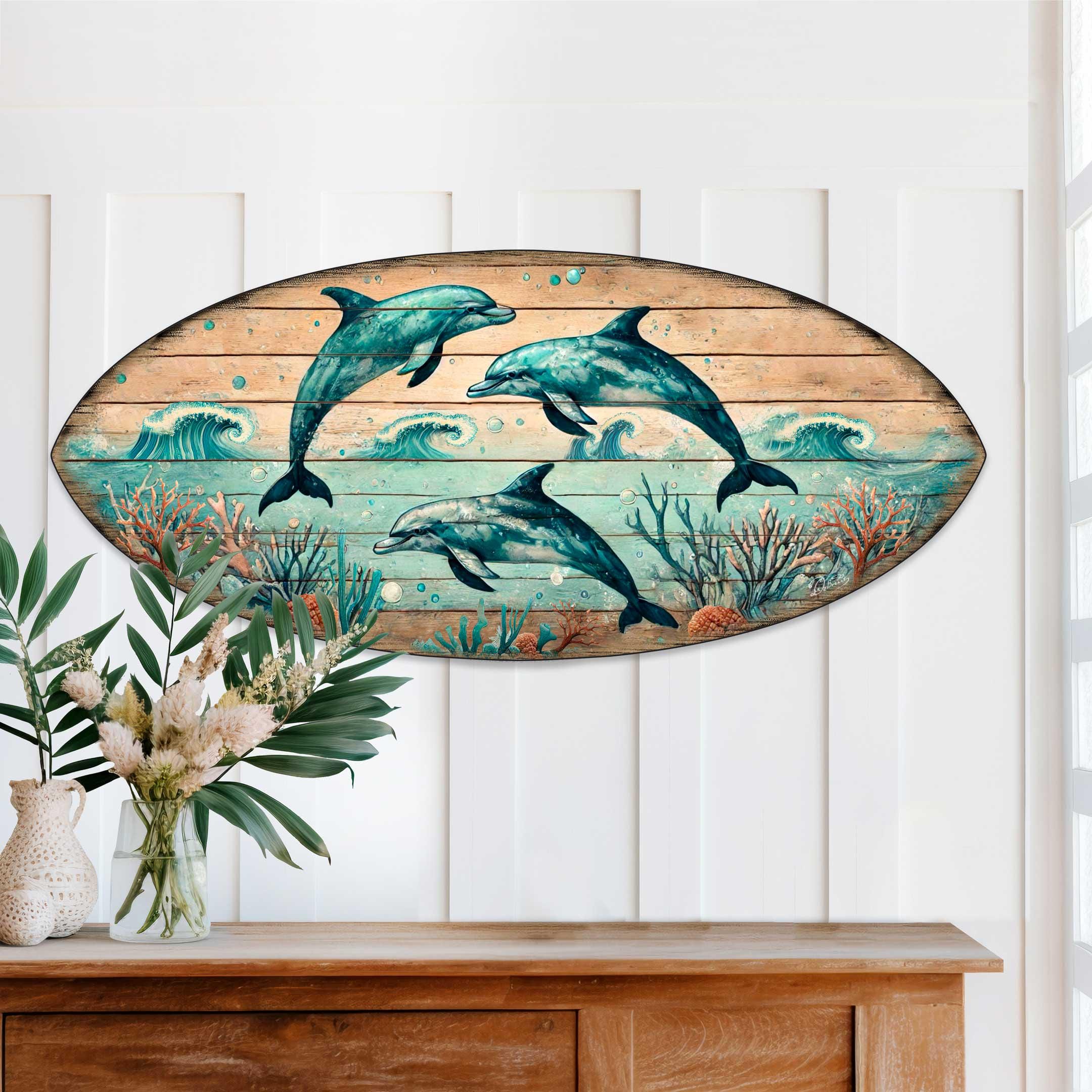 Dolphin Dance Surfboard Wall Art – Handcrafted Coastal Wooden Decor by ...