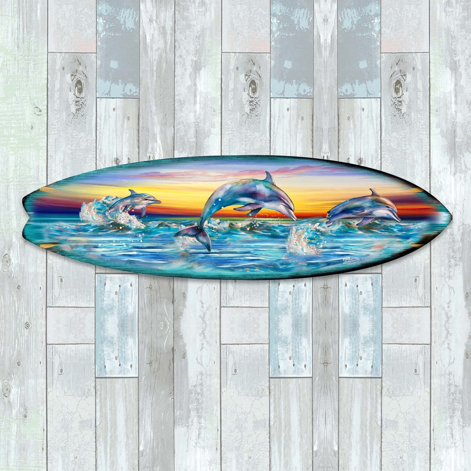 Dolphins Dance Surfboard Wall Art - Handcrafted From Wood With Unique ...