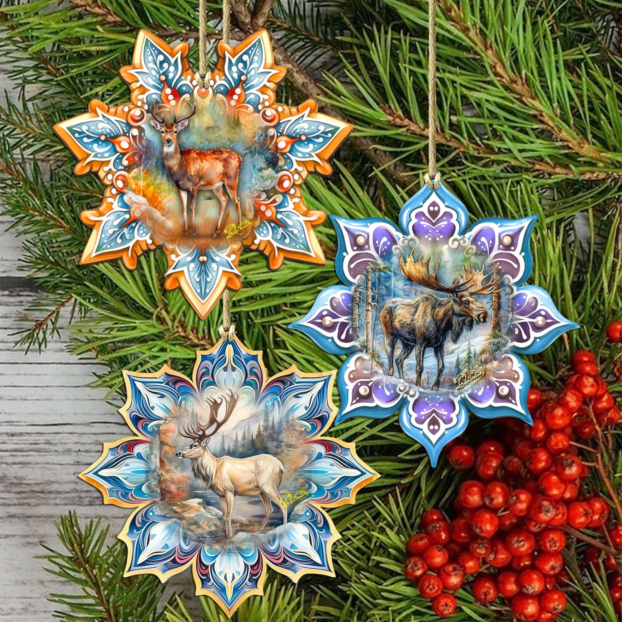 Forest Animals Snowflake Ornaments Set of 3- Handcrafted