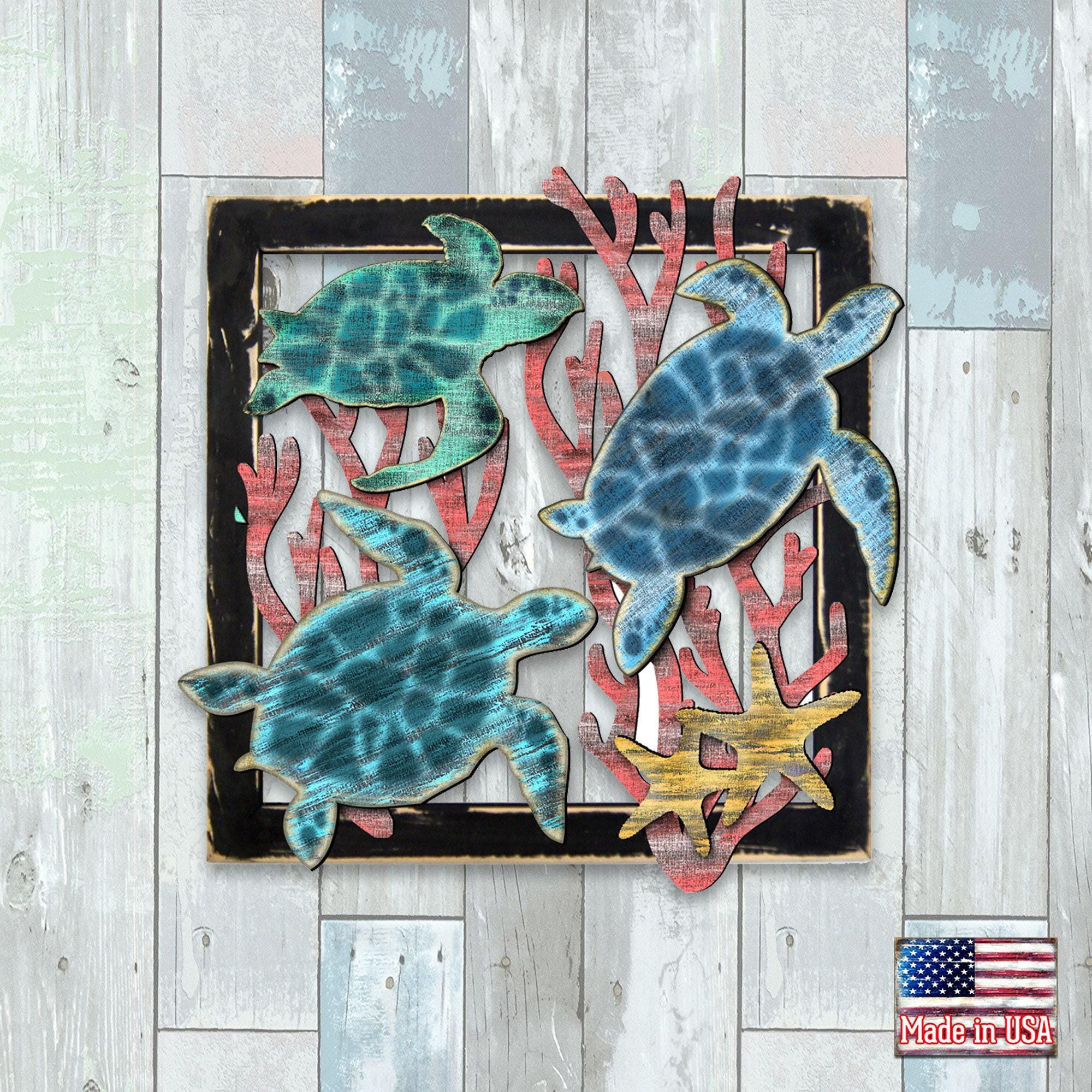 Coastal Turtle Wall Art - Wooden Beach House Decor - Rustic Turtle ...