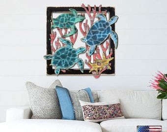 Coastal Turtle Wall Art - Wooden Beach House Decor - Rustic Turtle Family Sign - Nautical Marine Framed Art - Housewarming Gift - G98518S3