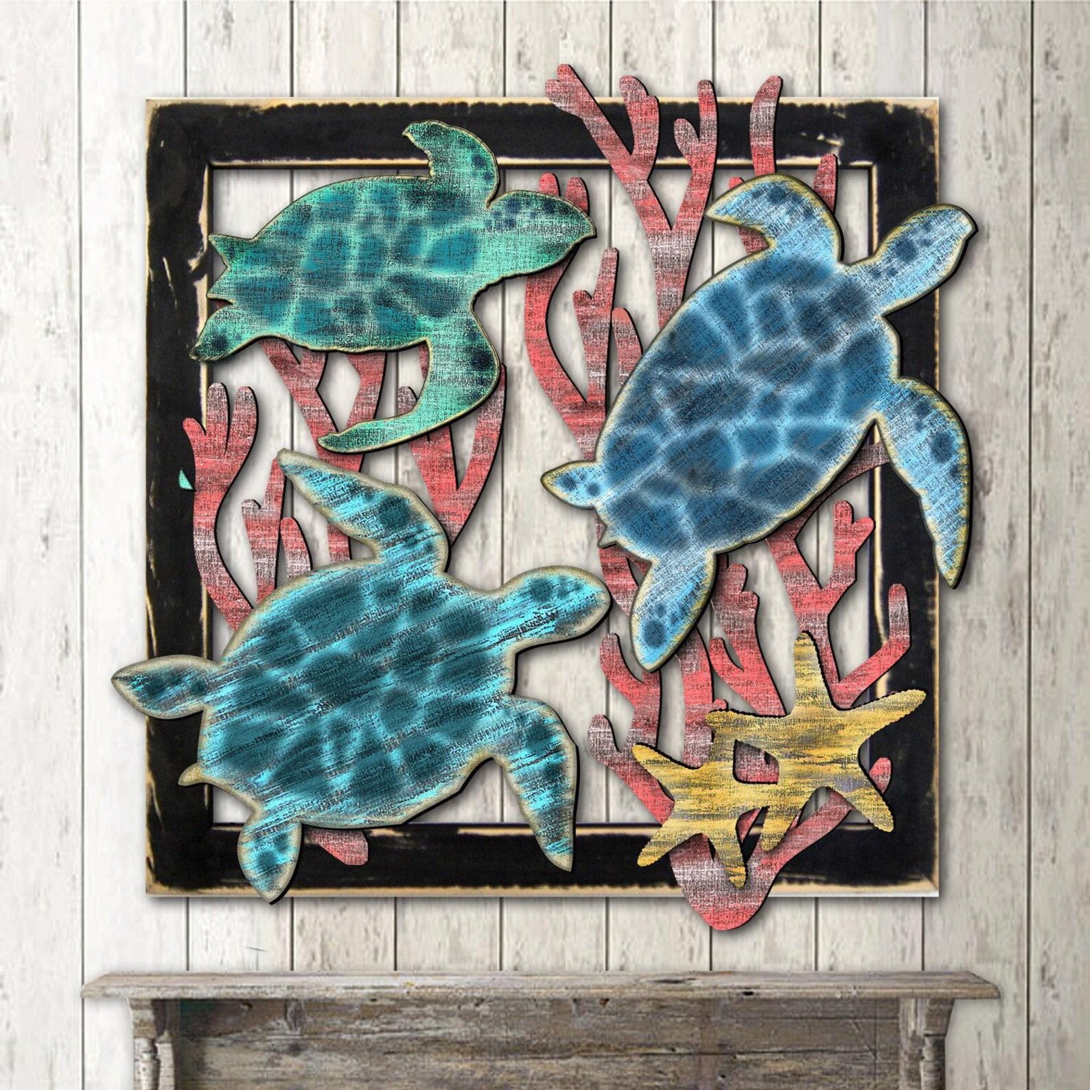 Coastal Turtle Wall Art - Wooden Beach House Decor - Rustic Turtle ...