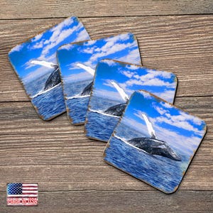 Humpback Whale Coasters - Set of 4 - Coastal Gifts Nautical Scenic Table Decor Wooden Handcrafted with Cork - Housewarming Gift - 95257C