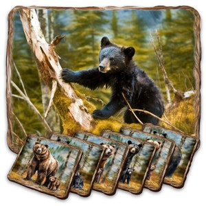 Bear Haven Placemat and Coasters Gift Set of 7 - Nature Wildlife Table Decor Handcrafted with Wooden Cork - Housewarming Gift - 85409C-S7