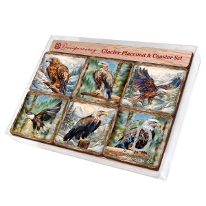 Eagles Placemat and Coasters Gift Set of 7 - Nature Wildlife Table Decor Wooden Handcrafted with Cork Housewarming Gift - 85406C-S7