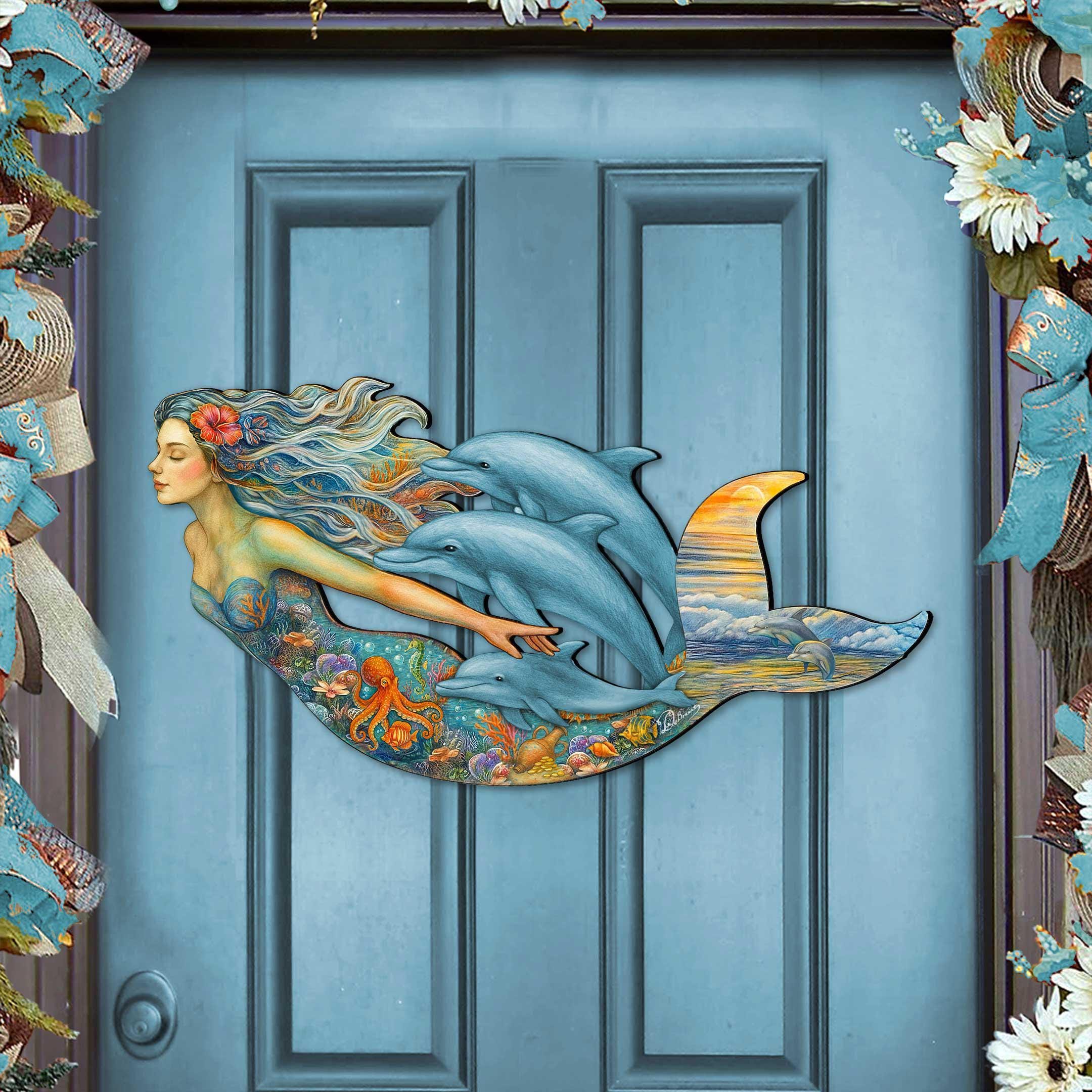 Mermaid & Dolphins Coastal Door Hanger - Handcrafted Ocean Fantasy Art ...