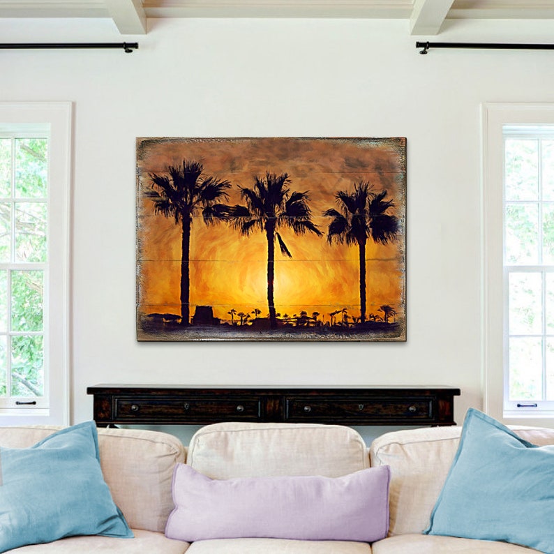 Sunset Wall Decor Sunset Wall Art Palm Trees in Sunset Art on a Wood