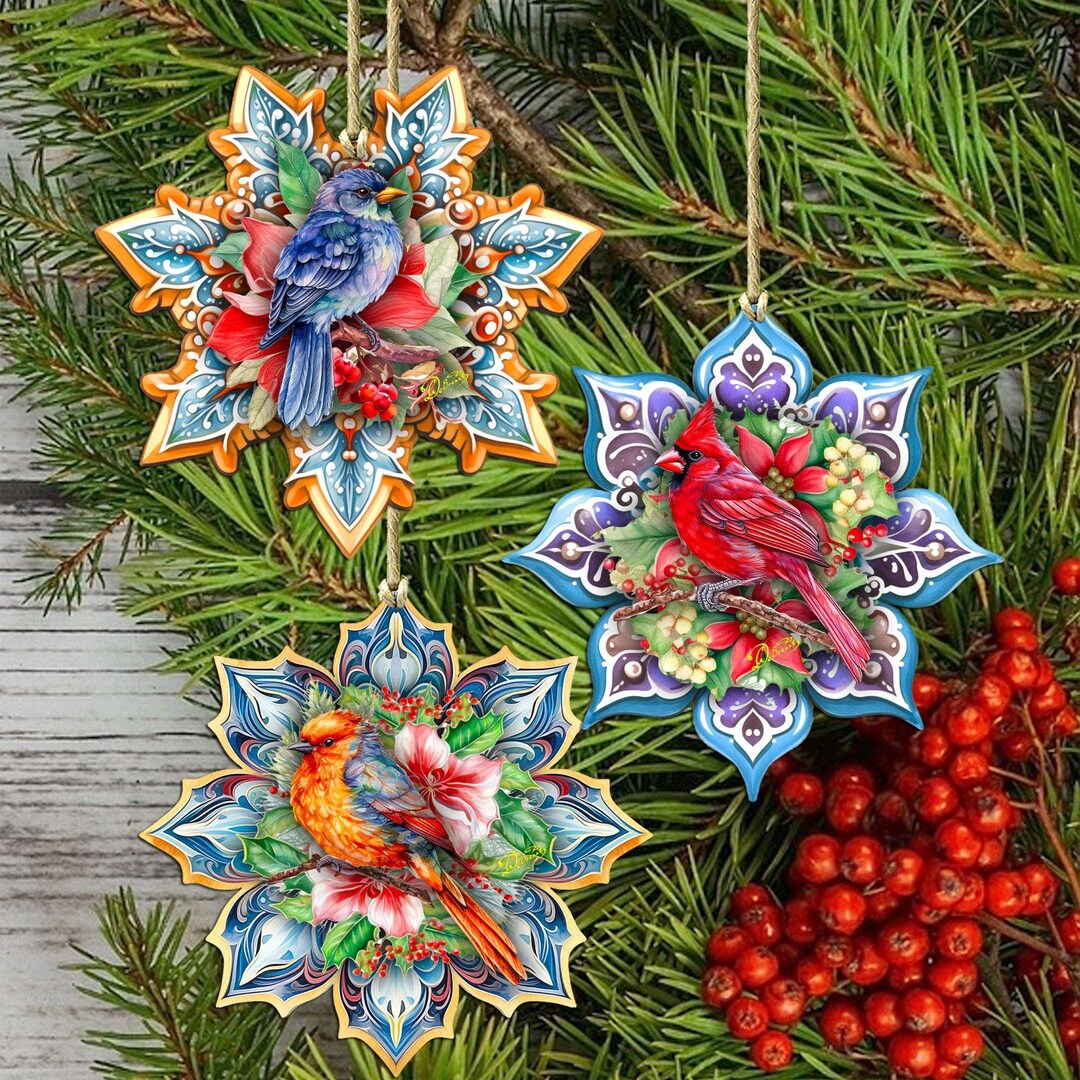 Forest Birds Snowflake Ornaments - Set of 3 Handcrafted Nature