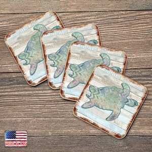 Sea Turtle Coasters Set of 4 - Coastal Gifts Nautical Table Decor Wooden Handcrafted with Cork Housewarming Beach House Decor - 8198518-9C