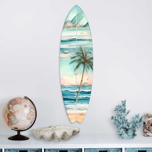 Palm Tree Surfboard Wall Art – Handcrafted Wooden Coastal Decor – Beach House Wall Hanging – Beach House Decor - 8490112HS