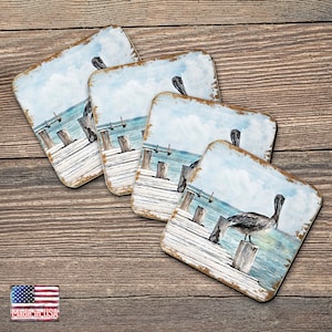 Pelican Coasters Set of 4 - Coastal Gifts Nautical Table Decor Wooden Handcrafted with Cork Housewarming Gift - Beach House Decor - 95252C