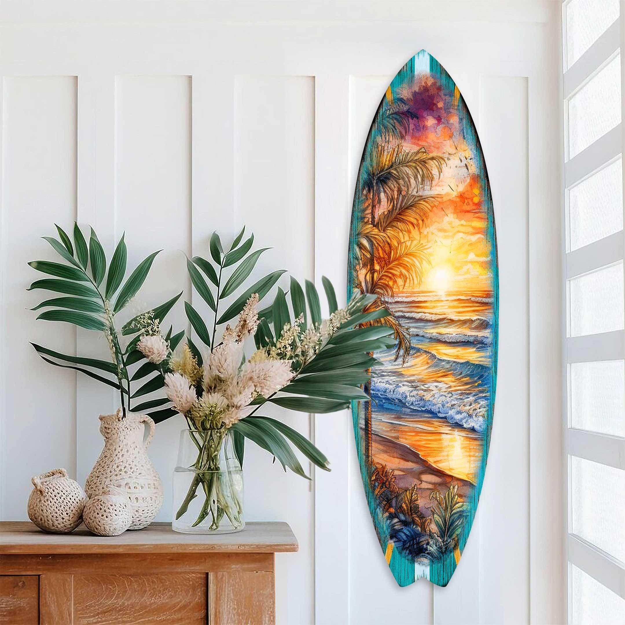 Nautical Decor - Golden Waves Surfboard Art – Handcrafted Wooden Ocean ...