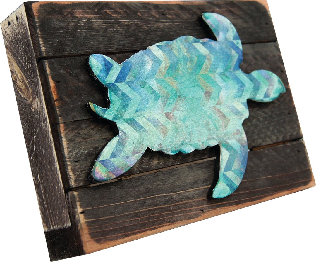 Sea Turtle Wall Art on Rustic Wooden Block Vintage Beach Decoration ...