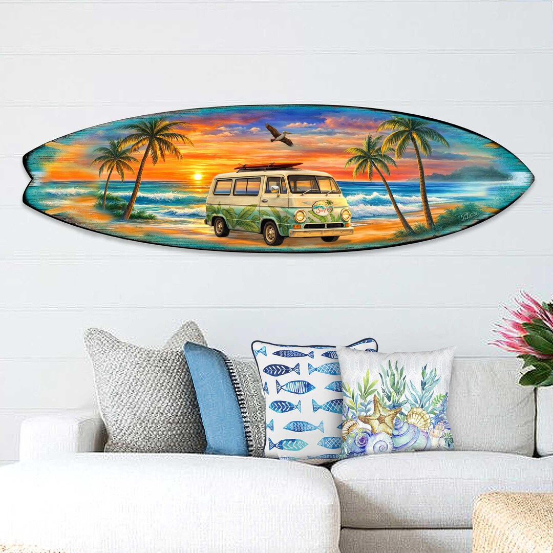 Sunset Surf Van Surfboard Wall Art – Handcrafted Coastal Decor by G ...