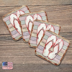 Flip Flop Coasters Set of 4 - Coastal Gifts Nautical ScenicTable Decor Wooden Handcrafted with Cork Housewarming Gift - 8198523-9C USA-made