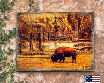 Bison Wall Art - Bison Art on Wood Block - Bison Art on Wood - Bison Pallet Wall Art 95293B Nature Wildlife-Inspired Decor USA-Made
