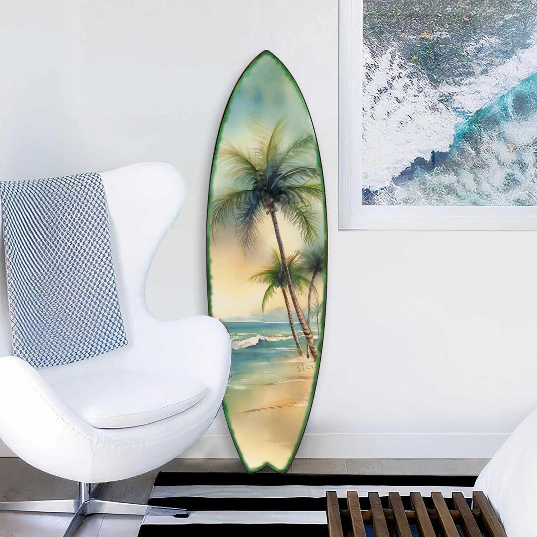 Tropical Palm Beach Surfboard Wall Art – Handcrafted Coastal Ocean ...