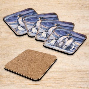 Penguin Family Coasters Gift Set of 4 - Handcrafted Wooden Table Decor with Cork Art by J Bergsma - Nature Wildlife Decor - 8199472C-S4-S4
