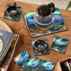 Nothern Lights Placemat and Coasters Gift Set of 7 - Nature Wildlife Table Decor Wooden Handcrafted with Cork Housewarming Gift - 85411C-S7
