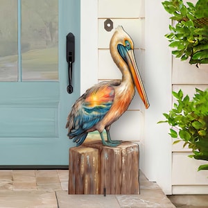 Coastal Pelican Outdoor and Indoor Decor Wooden Lawn Porch and Garden Decoration Art by G Debrekht  Coastal Holiday Decor - 8652801F