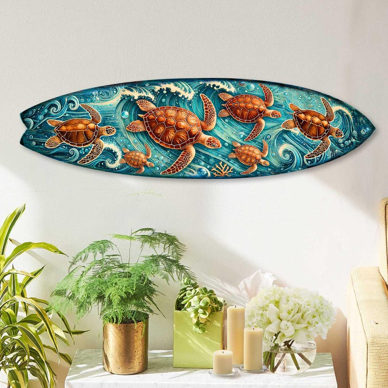 Handcrafted Ocean Wave Wooden Decor - Sea Turtle Surfboard Coastal Wall ...
