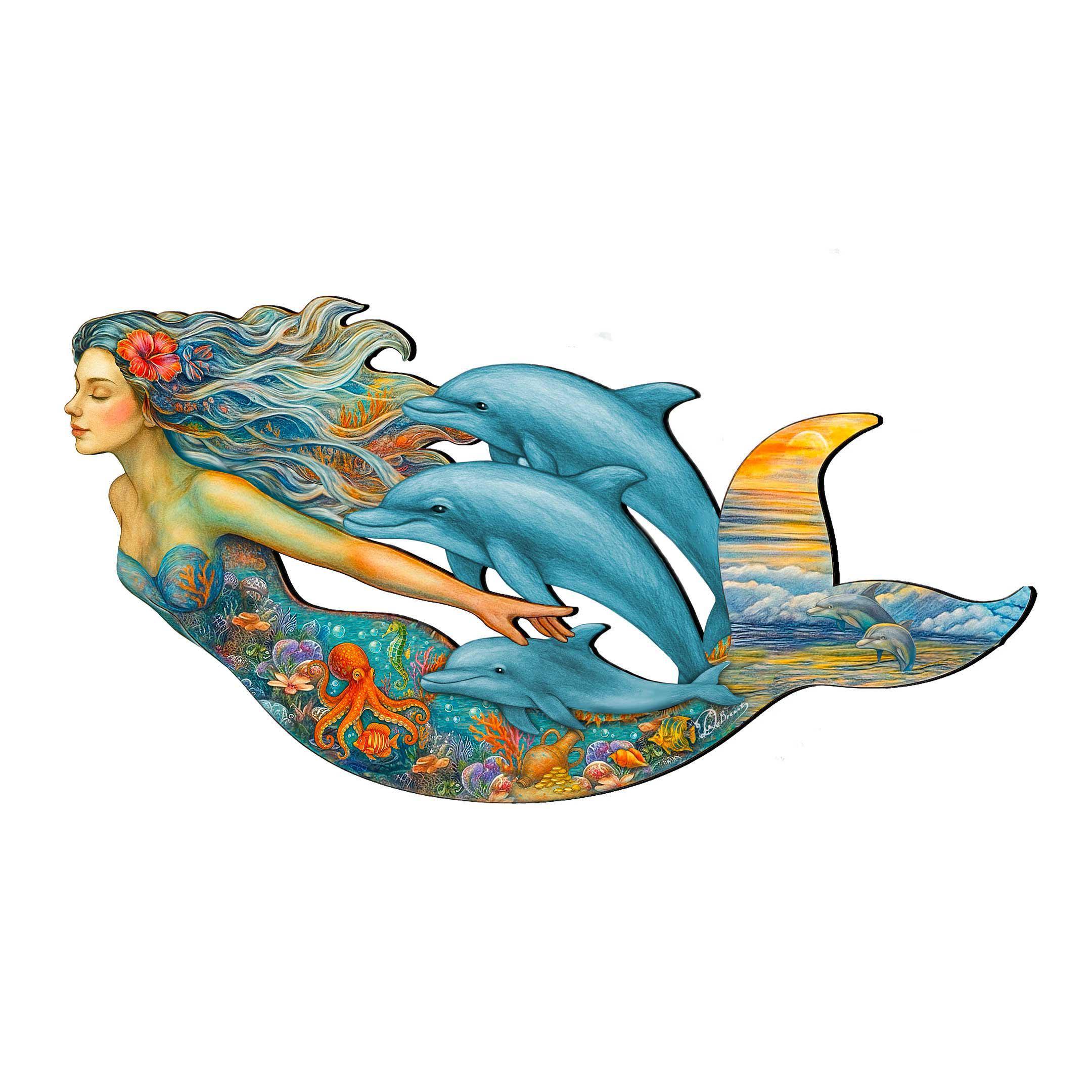 Mermaid & Dolphins Coastal Door Hanger - Handcrafted Ocean Fantasy Art ...
