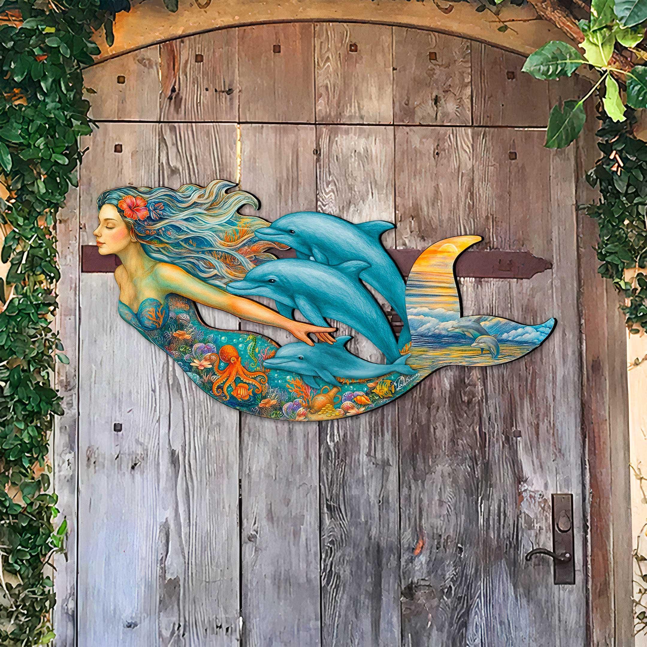 Mermaid & Dolphins Coastal Door Hanger - Handcrafted Ocean Fantasy Art ...