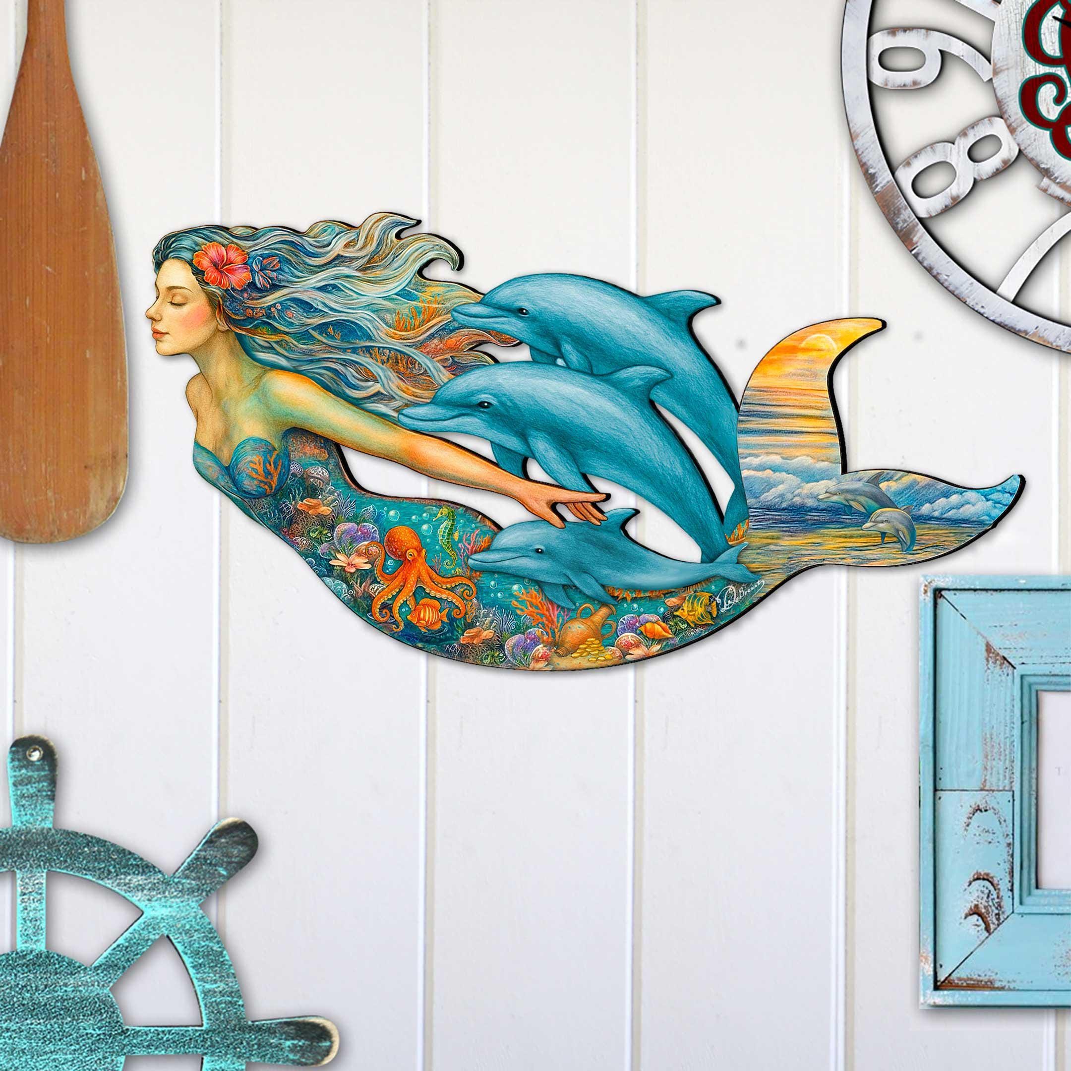 Mermaid & Dolphins Coastal Door Hanger - Handcrafted Ocean Fantasy Art ...