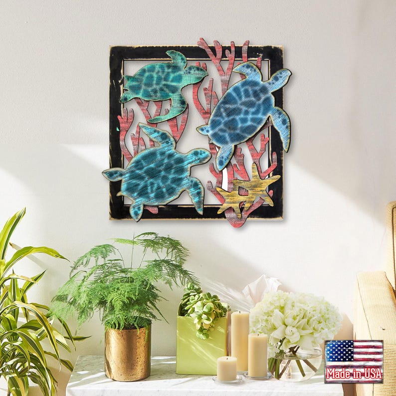 Coastal Turtle Wall Art - Wooden Beach House Decor - Rustic Turtle ...