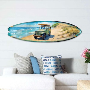Vintage Beach Jeep Surfboard Wall Art – Handcrafted Coastal Decor for ...