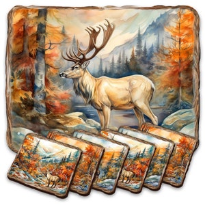 Caribou Placemat and Coasters Gift Set of 7 - Nature Wildlife Table Decor Handcrafted with Wooden Cork - Housewarming Gift for 85408C-S7