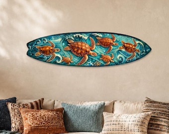 Handcrafted Ocean Wave Wooden Decor - Sea Turtle Surfboard Coastal Wall Art by G.DeBrekht – Marine Life Beach House Accent – 8490150HS