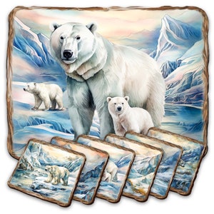 Polar Bear Placemat and Coasters Gift Set of 7 - Nature Wildlife Table Decor Wooden Handcrafted with Cork Housewarming Gift - 85404C-S7