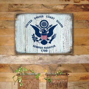 US Coast Guard Flag - Military Patriotic Rustic Distressed Wooden Board Sign Made in the USA