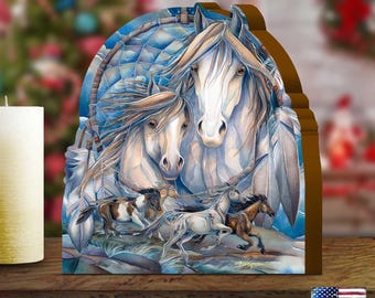 Hermoso arte ecuestre sobre un bloque de madera independiente - Mustangs Dream Catcher Journey - Bloques de madera con formas de Jody Bergsma 8593637S-JB, fabricado en EE. UU.