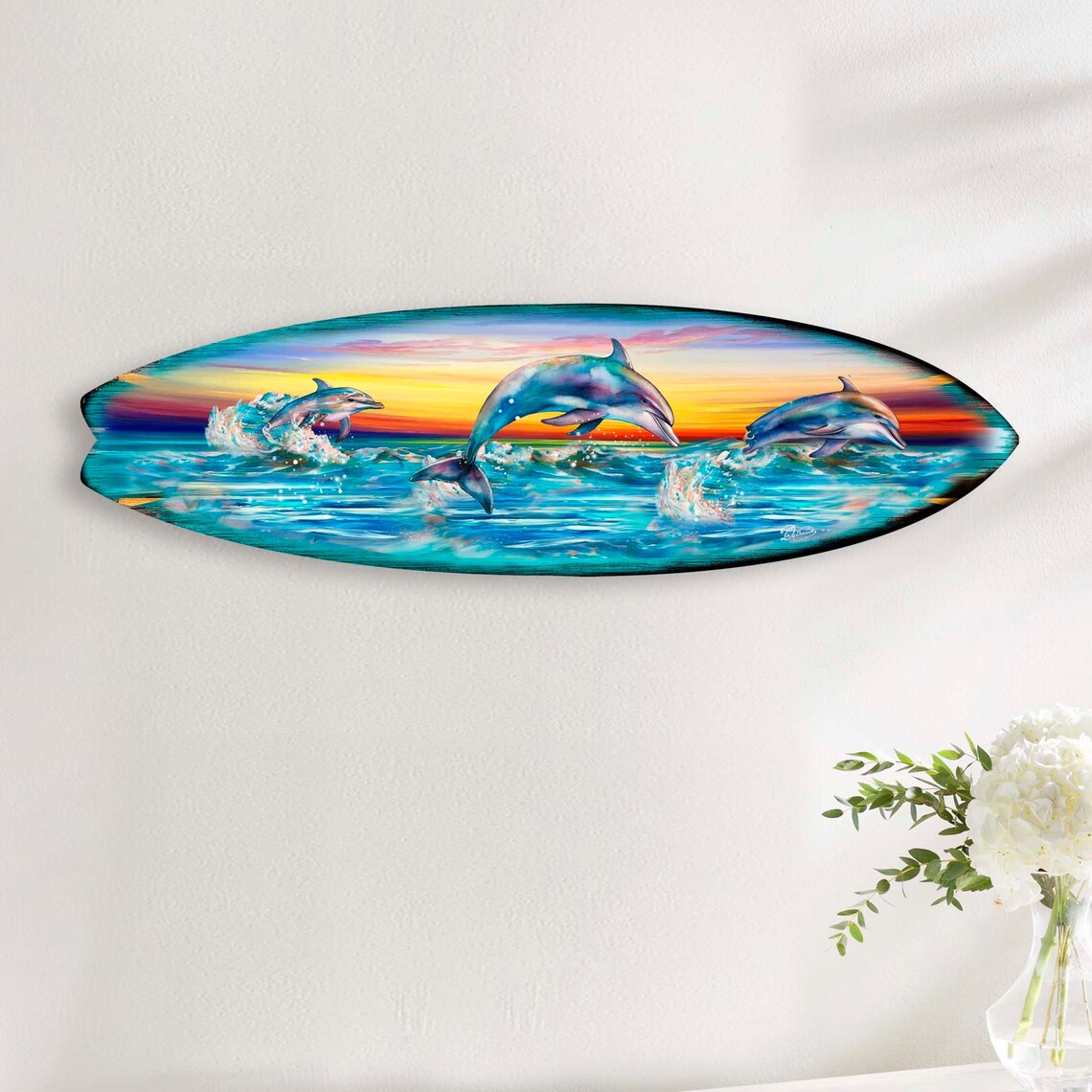 Dolphins Dance Surfboard Wall Art - Handcrafted From Wood With Unique ...
