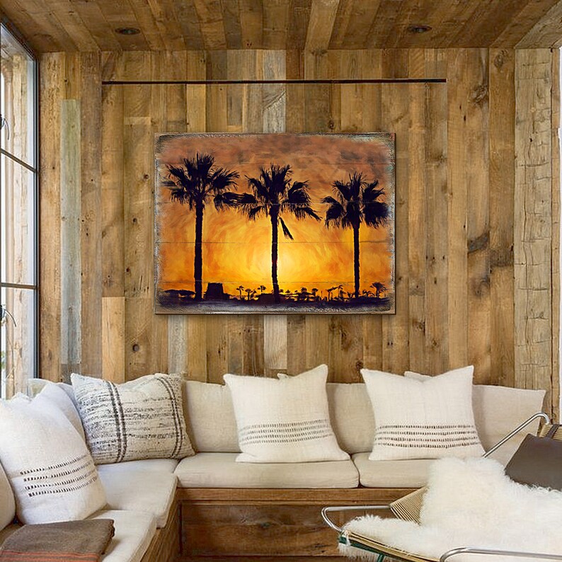 Sunset Wall Decor Sunset Wall Art Palm Trees in Sunset Art on a Wood