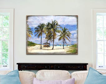 Arte mural costero con palmeras - Decoración náutica hecha a mano - Letrero de madera recuperada para casa de playa - Diseño rústico de vida marina - 95258B