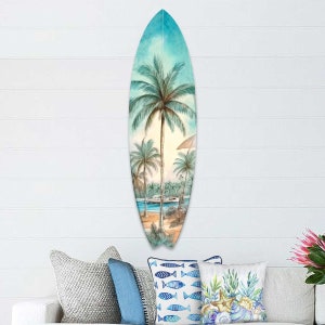 Tropical Palm Surfboard Wall Art - Handcrafted from Reclaimed Wood with Unique Scenic Design for Coastal Decor and Beach House - 8490111HS