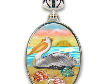 Pelicans Birds at Sea Silver-Plated Mother of Pearl Jewelry Pendant Necklace Coastal - 44047