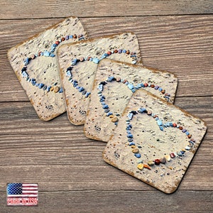 Love at the Beach Coasters Set of 4 Sand Heart Design - Coastal Table Decor Wooden Handcrafted with Cork - Housewarming Gift 95254C