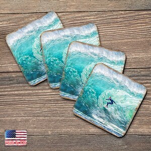 Set of 4 Surfer Coasters - Coastal Gifts Nautical Scenic Table Decor - Handcrafted with Cork - Housewarming Gift - 95227C - Made in the USA