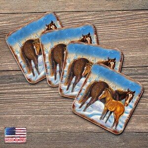 Set of 4 Horse Coasters - Nature Gift for Table Decor Wooden Handcrafted with Cork Housewarming Gift Log Cabin Decor - Made in USA 95218C