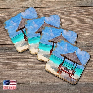 Beach Cabana Coasters - Set of 4 Coastal Gifts Nautical Scenic Table Decor Handcrafted with Cork Housewarming Gift - 95270C USA-Made