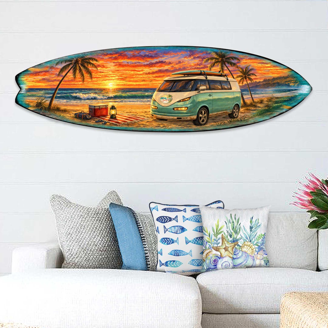 Sunset Beach Camper Surfboard Wall Art – Handcrafted Coastal Decor by G ...