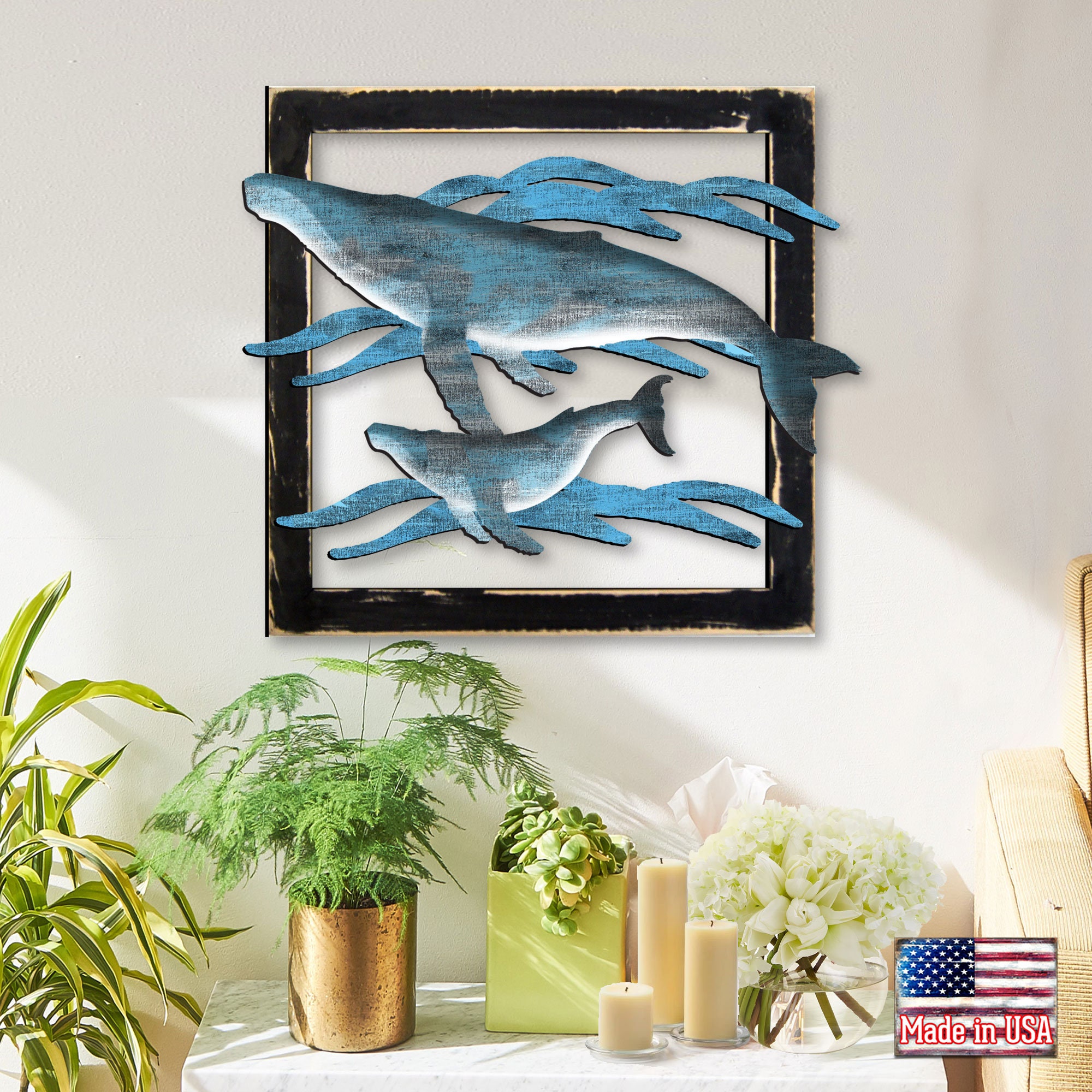 Wall Art Coastal Wall Art Wood Beach Decor Wall Art Framed WHALES