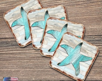 Starfish Coasters Set of 4 - Coastal Gifts Nautical Scenic Table Decor Wooden Handcrafted with Cork Housewarming Gift - 8198531-9C USA-made