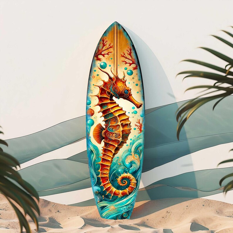 Seahorse Coastal Surfboard Wall Art – Handcrafted Wooden Ocean Decor by ...