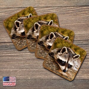 Raccoon Coasters Set of 4 - Nature Table Decor Wooden Handcrafted with Cork Housewarming Gift - Log Cabin Home Design - Wildlife 95289C