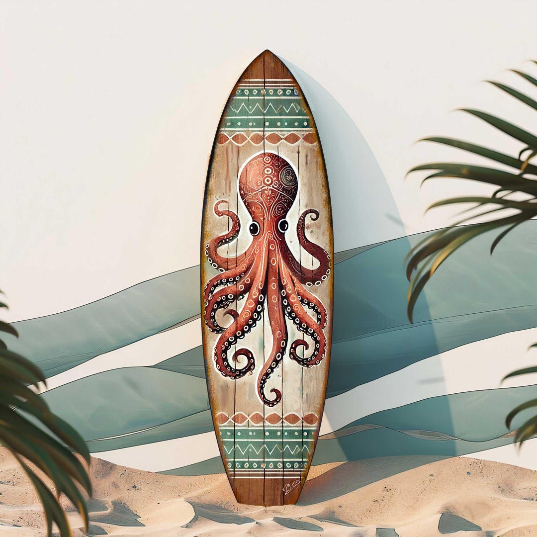 Handcrafted Coastal Ocean Decor by G.debrekht - Octopus Surfboard